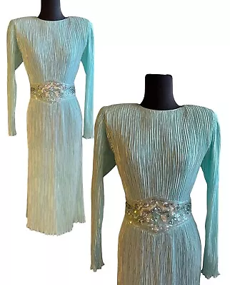 Vtg 80's Disco Dynasty DRESS Micro Pleated Sequins Wide Shoulders Long Slv SMALL • $35