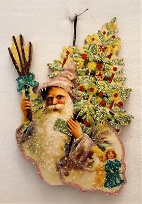 VICTORIAN SANTA W PRETTY DECORATED TREE  * Glitter CHRISTMAS ORNAMENT  Vtg Img • $10.50