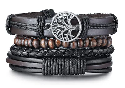 Mens Women Real Leather Bracelet Wristband Bangle Punk Beaded Surfer Wrap Gifts • $14.59