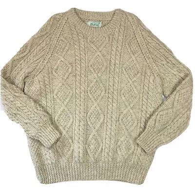 Sliab Liag Pure Wool Fishermans Beige Pullover Sweater Sz L/XL Hand Knit Ireland • $77.91