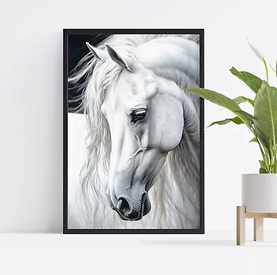 White Horse Portrait Art Stretched Canvas Or Unframed Poster Wall Art More Sizes • £12.99