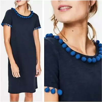 Boden Bridget Jersey Slub Cotton Navy Blue Pom Pom Shift Dress Women's Size 4 • $37