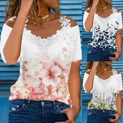 Womens Floral Lace Cold Shoulder T-Shirt Summer Casual Loose Blouse Tee Tops • £9.99