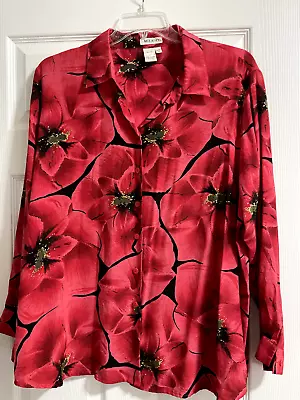 Womens Milano 100% Pure Silk Blouse Size 2X Red Bold Floral Design Bust • $7