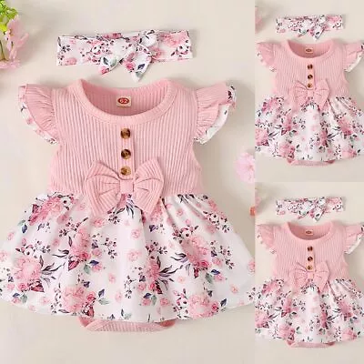 Newborn Baby Girl Floral Print Ribbed Ruffle Romper Jumpsuit Headband Dress Set • £8.79