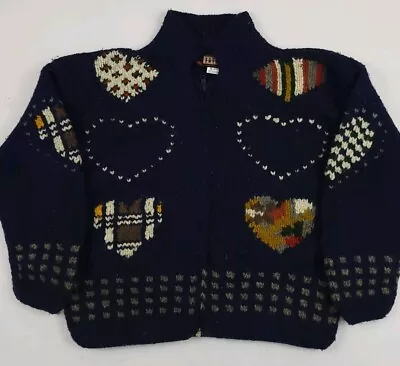 Vintage World Class Ecuador Hand Knit Heart Pattern Heavy Wool Cardigan Sweater • $99.99