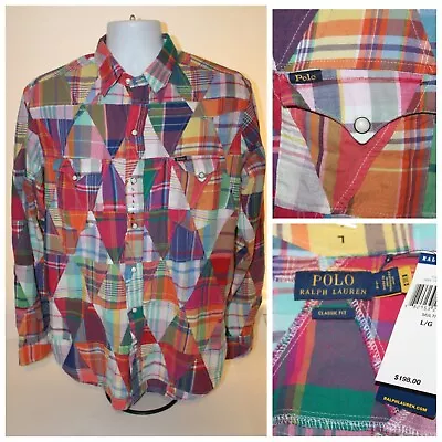 NWT $198 Mens Polo Ralph Lauren Madras Patchwork Pearl Snap Button Shirt Size L • $95