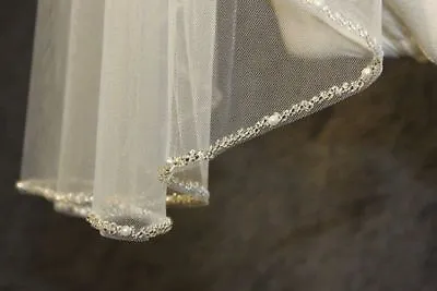 White Ivory Champagne One Layer Wedding Veil Beaded Edge Bridal Veil Fingertip  • $22