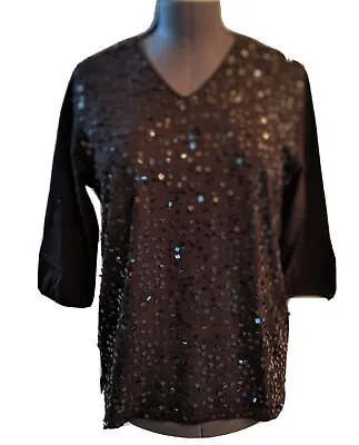 Quacker Factory Top Sequin Black Bling 3/4 Sleeve Size Medium Party Club Dressy • $10.99