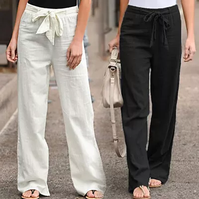 Women Cotton Linen Trousers Long Pants Ladies Elastic Waist Pocket Bottoms New • £10.73