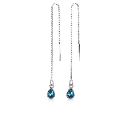 925 Silver Plated Waterdrop Blue CZ Threader Dangle Drop Chain Pull Earrings C9 • $4.95