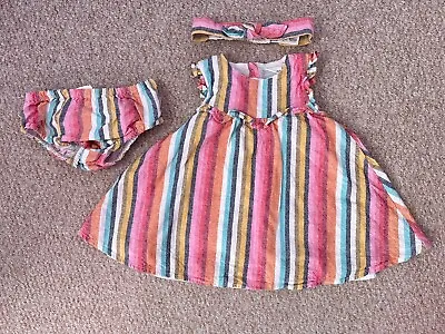 Baby Girls NEXT 6-9 Months Dress Outfit Candy Stripe Rainbow Colourful Headband • £7.99