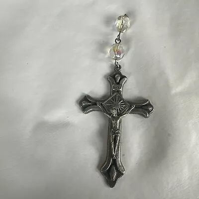 Vintage Silver Tone Cross Pendant Clear Beads 2.75” • $11.99