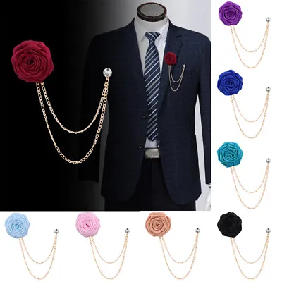 Men Rose Flower Brooch Tassel Chain Lapel Pin Fabric Suit Brooches Handmade Pins • $5.49