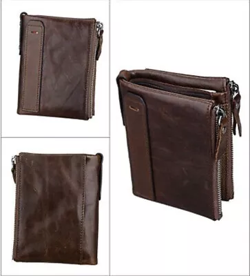 Men's RFID Block Crazy Horse Leather ID Window Zipper Coin Pocket Bifold Wallet • $19.99