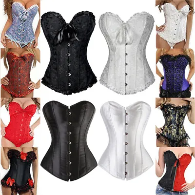 Women Overbust Boned Corset Tops Burlesque Waist Cincher Lace Up Costume Bustier • £7.79