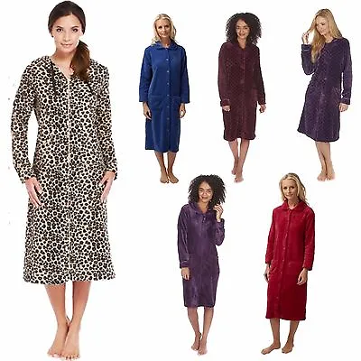 Ladies Zip/Button Front Soft Fleece Hooded Long Dressing Gown Housecoat 8 - 26 • £20.99