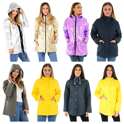 Ladies Rain Mac Womens Waterproof Festival Hooded Coat Parka Rubberised Jacket • £20.99