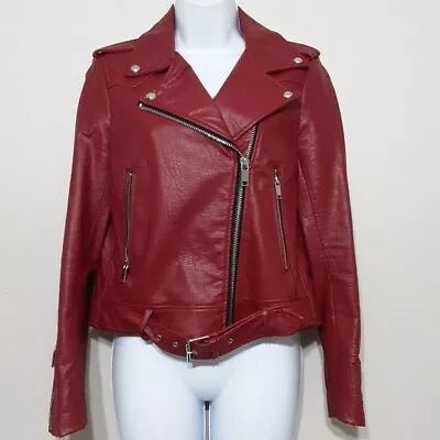 Zara Vegan Moto Biker Jacket Coat  Belted Red Size M Silver Hardware Details • $45