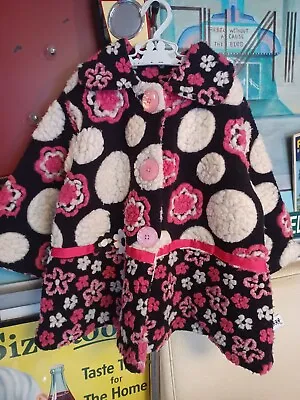 Corky & Company Girls Floral Polka Dot Fleece Swing Coat Jacket Pink & Black • $22.95