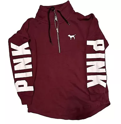 VS PINK Varsity Pullover Small Victoria’s Secret Sweatshirt Half Zip Maroon Logo • $17.99