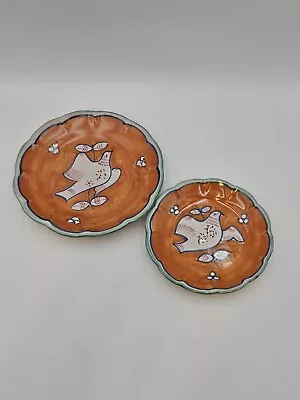 Vintage Vietri Italy Pottery Plate Set White Dove On Orange 10  And 8  Set Of 2  • $28