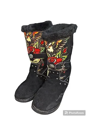 Vintage Ed Hardy Suede Leather Fur Eagle Boots Women's Size 6 Us • $50