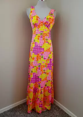 70s SIRENA CALIFORNIA MOD PSYCHEDELIC PRINT NYLON EMPIRE WAIST SUMMER MAXI DRESS • $20.38