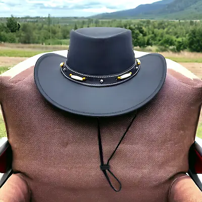 MEN 100% Real Leather Black Crazy Cowboy Hat Australian Western Style Chin Strap • £20.99