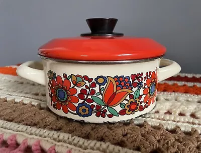 Vintage RIESSWERKE Enamelware 1L Cooking Pot W Lid Austria Floral Design • $35