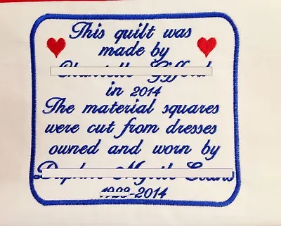 Embroidered Personalised Patch Memory Label Quilt/clothing  4 Sized 100% Cotton • £12.50