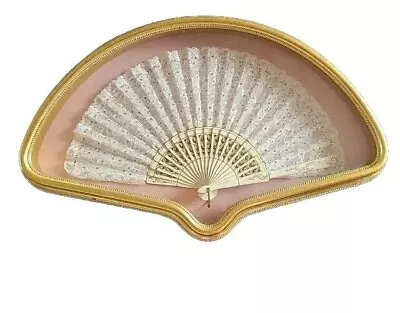 Antique21  Victorian Mother Of Pearl & Lace Hand Fan In Gold Shadow Box Diamond • $149.95