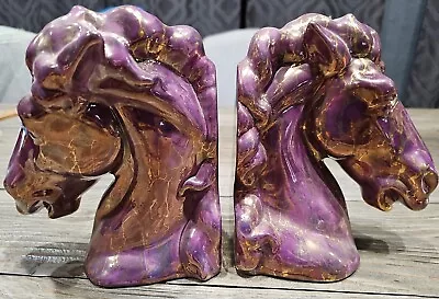 Vintage Bookends Signed Alberta's Ceramic Horse Stallion Head Glazed Purple Gold • $30