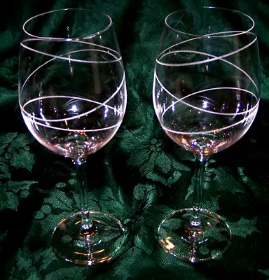 2 Beautiful Signed Mikasa Crystal  Cheers Circular Lines Balloon Wine Goblets • $14.99