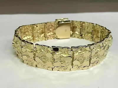 14k Yellow Gold FN Handmade Adorable Men's Nugget Bracelet 17 Mm 8.5  Inch • $293.99