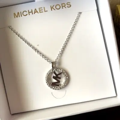 MICHAEL KORS MK Logo Silver Brass Necklace Crystals Pave MKJ7326040 +MK GIFT BOX • $59.99