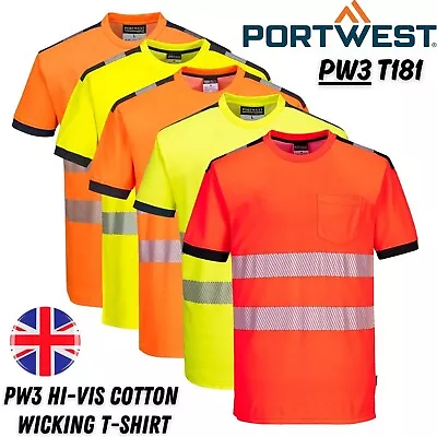 Portwest Mens Hi Vis Work T-shirt Pocket Breathable Wicking Stretch Reflective • £5.99