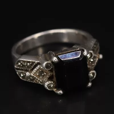 Sterling Silver - ART DECO Onyx & Marcasite Ring Size 9 - 7g • $9.46