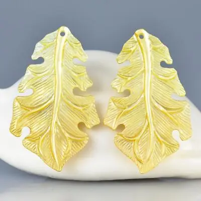Golden Mother-of-Pearl Shell Carving Oak Tree Leaf Earring Pair Handmade 4.24 G • $26