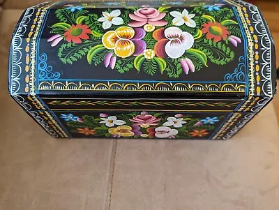 Vintage Mexican Folk Art Hand Painted Vibrant Floral Wood Jewelry Box Hinged 10  • $44.95