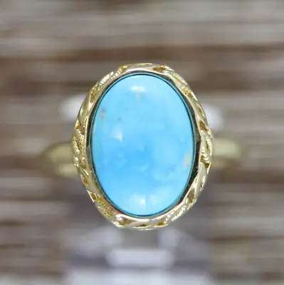 Vintage Blue Turquoise Natural Stone Ring Sz 9.25 Leaf Filigree Gold Plated • $34