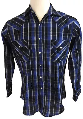 Men Ely Cattleman Snap Blue Plaid Metallic Long Sleeve Shirt Poly-Cotton Medium • $16.99