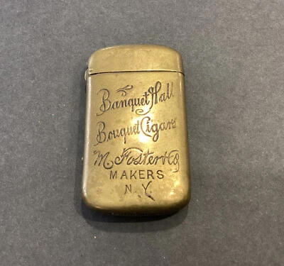 $150 • Buy Antique Brass Advertising Match Safe Banquet Hall Bouquet Cigars M. Foster NY