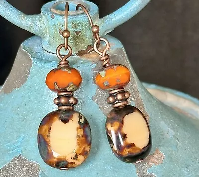 Copper Orange And Beige Picasso Czech Bead Earrings. • $7.99