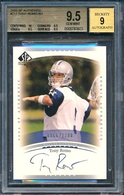 $103.50 • Buy 2003 SP Authentic #217 AU: TONY ROMO Rookie RC Cowboys AUTO /1200 ~ BGS 9.5 9