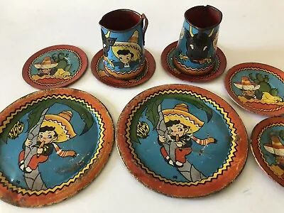 Vintage Ohio Art Tin Lithograph Tea Set Mexican Boy Bull 9pcs • $29.99