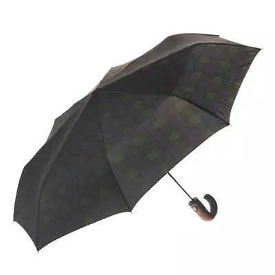 Clifton Folding Tartan Print Wood Trim Hook Handle Black Watch Umbrella • $49.95