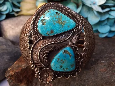 Vintage Wide Native American Navajo Spiderweb Turquoise Sterling Cuff Bracelet • $455