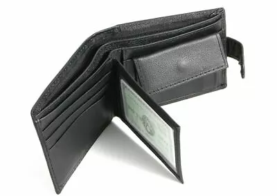 $14.95 • Buy Mens Leather Wallet With Coin Pocket Black Bifold ID Photo Card Holder Zipper 