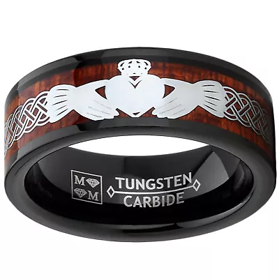 Men's Tungsten Claddagh Irish Celtic Ring Wedding Band Wood Inlay Black • $24.99